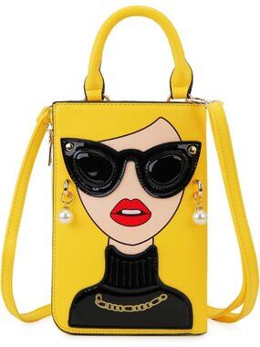 Women Yellow Novelty Lady Face PU Leather Shoulder Bag Handle Satchel Clutch